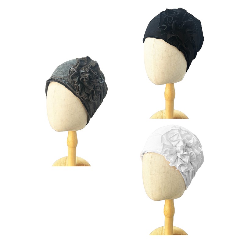 Women Turban Flower Cap Balck White and Gray Pure Color