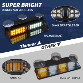 Tiannor Emergency Dash Strobe Lights,Amber White Safety Flashing Warning Hazard Windshield Visor Light Bars,Traffic Advisor Light Bar for Construction Vehicles, Tow/Plow Trucks Cars(2x9 inch, 48LEDs)