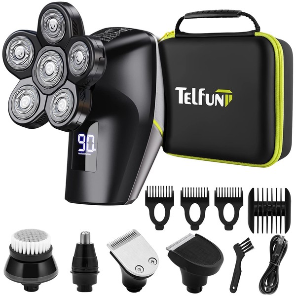Telfun 6D Head Shavers for bald Men w/Travel Case, Anti-Pinch Electric Razor for Men, 5-in-1 Mens/Women's Grooming Kit w/Nose & Ear Trimmer, beard Trimmer for Men, Waterproof Wet/Dry, LED Display