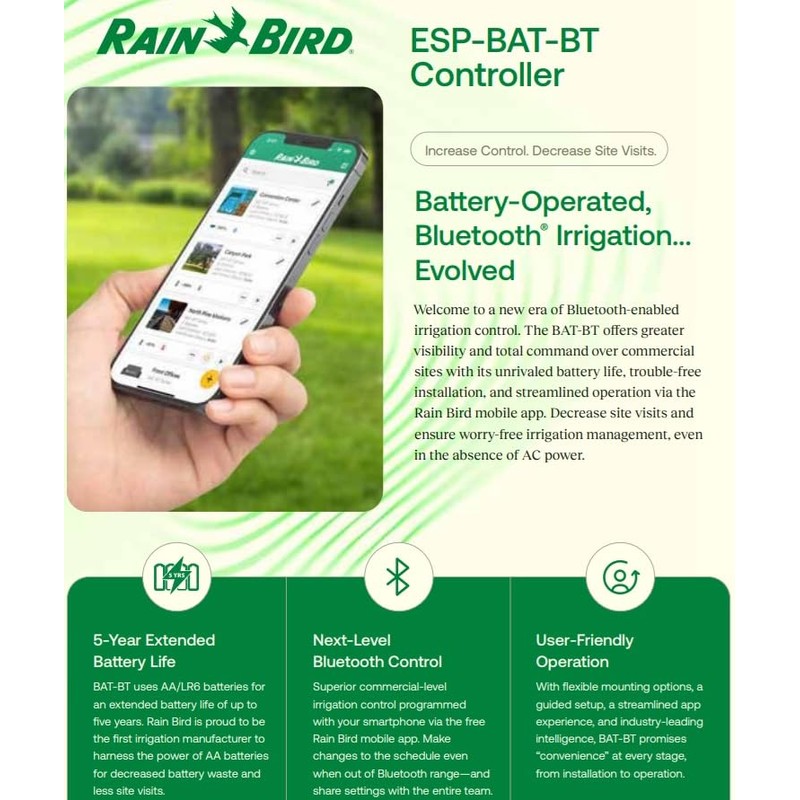 Rain Bird ESP-BAT-BT1 Advanced Bluetooth Battery-Operated Controller 1 Zone App-Controlled