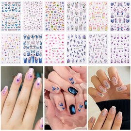 12 Sheets Flower Nail Stickers, 3D Self-Adhesive Flower and Leaf Plant Nail Decals Spring Summer DIY Manicure Decorations for Women Girls