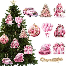 18 Pcs Christmas Tree Ornaments Set Pink Christmas Decorative Hanging Ornaments Xmas Tree Santa Claus Bell Snowman Cardboard Christmas Ornaments for Christmas Tree Xmas Party Decoration Supply
