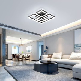 GEADI Modern LED Ceiling Light, 64W Black Flush Mount Light 5-Square Ceiling Lamp with Remote Control, Acrylic Ceiling Chandelier Lighting for Living Room Bedroom Office, Dimmable 3000K-6500K