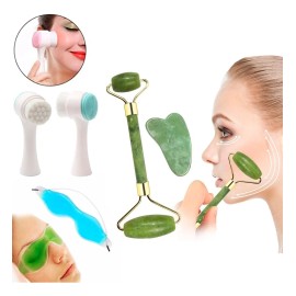 Kit Rodillo Y Gua Sha De Jade +cepillo Facial +antifaz Gel