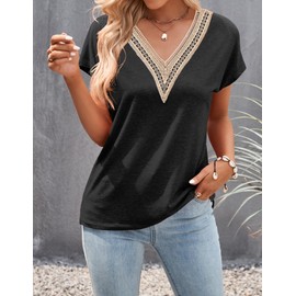 MEROKEETY Women's Casual Cap Sleeve Lace Trim V Neck Tops 2024 Summer Loose Tee Shirts Blous, Black, Medium