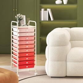 HOMGX Storage Cart with 10 Drawers, 10 Tiers Rolling Drawer Cart with 2 Lockable Wheels, Slim Rolling Storage Cart for Office/School/Home, Gradient Pink