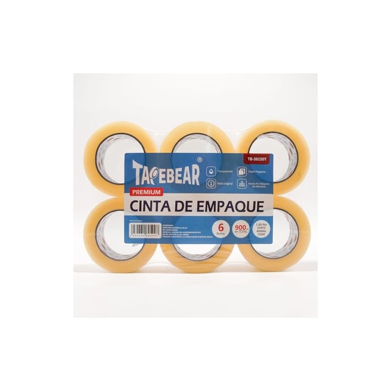 TAPEBEAR - Cinta Adhesiva Transparente para Empaque, 6 Rollos de