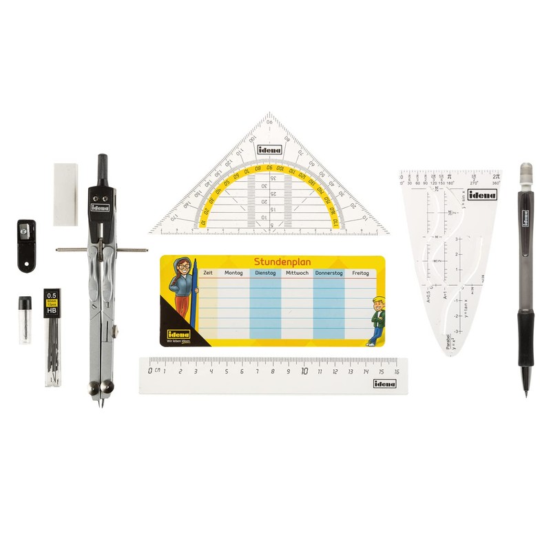 Idena 20066 Compass in Case, 11 Pieces, with Protractor, Ruler,