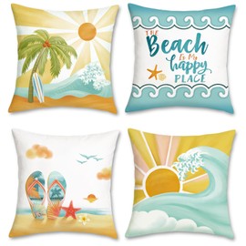 Bonhause Beach Throw Pillow Covers 18 x 18 Inch Ocean Sun Seaside Palm Tree Decorative Pillow Cases for Couch Sofa Bed Home Decor Set of 4