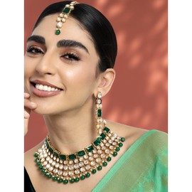 Aheli Faux Kundan Choker Necklace with Earring Maang Tikka Indian Traditional Bollywood Ethnic Bridal Jewelry Set for Women and Girls Green