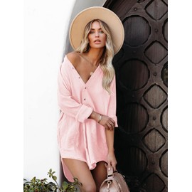 Paintcolors Women's Long Sleeve Button Down Tunic Dresses Beach Cover-ups Oversized Blouse Tops with Pockets-Pink XL