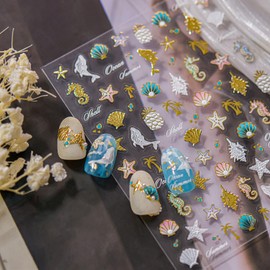 5D Embossed Seashell Nail Art Sticker with Pearl Shell Design Summer Nail Stickers Ocean Starfish Dolphin Seahorse Nail Decals Gold Conch Coconut Tree Stickers for Women Nails Supplies Decor 1Pcs