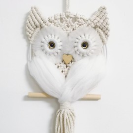 Owl Macrame Wall Art, Boho Nursery Decor Hand Woven Owl Macrame Wall Hanging, Home Decoration for Living Room Office Bedroom (White, 6"x12")