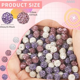 100Pcs Rhinestone Beads 10mm Purple Sparkle Round Shamballa Disco Ball Beads, Shiny Crystal Clay Pave Diamond Rhinestones Bead for Baseball Necklace Bracelet Earring Jewelry Making Party Decoration