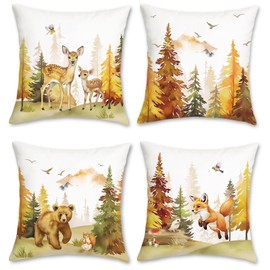 Bonhause Fall Forest Animals Throw Pillow Covers 18 x 18 Inch Watercolor Deer Bear Fox Mountain Birds Woodland Decorative Soft Velvet Cushion Cases for Couch Sofa Bed Decor Set of 4