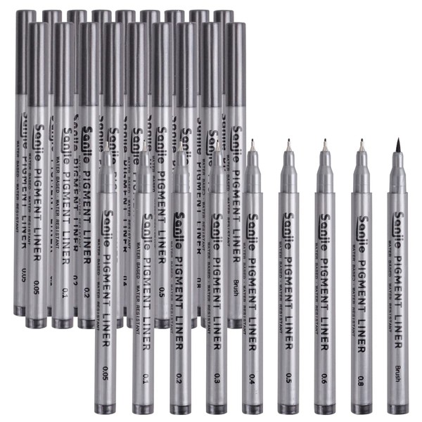 Pack of 27 Fineliner Pens, Black Micro-Line Pens, 9 Sizes,
