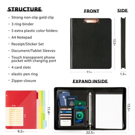 Ospelelf Leather Portfolio Folder, 3 Ring Binder with Storage clipboard, fits Letter Size Paper, with refillable Notepad, 5 Extra Folder Divider Pages, Zipper Closure, Faux Black Leather
