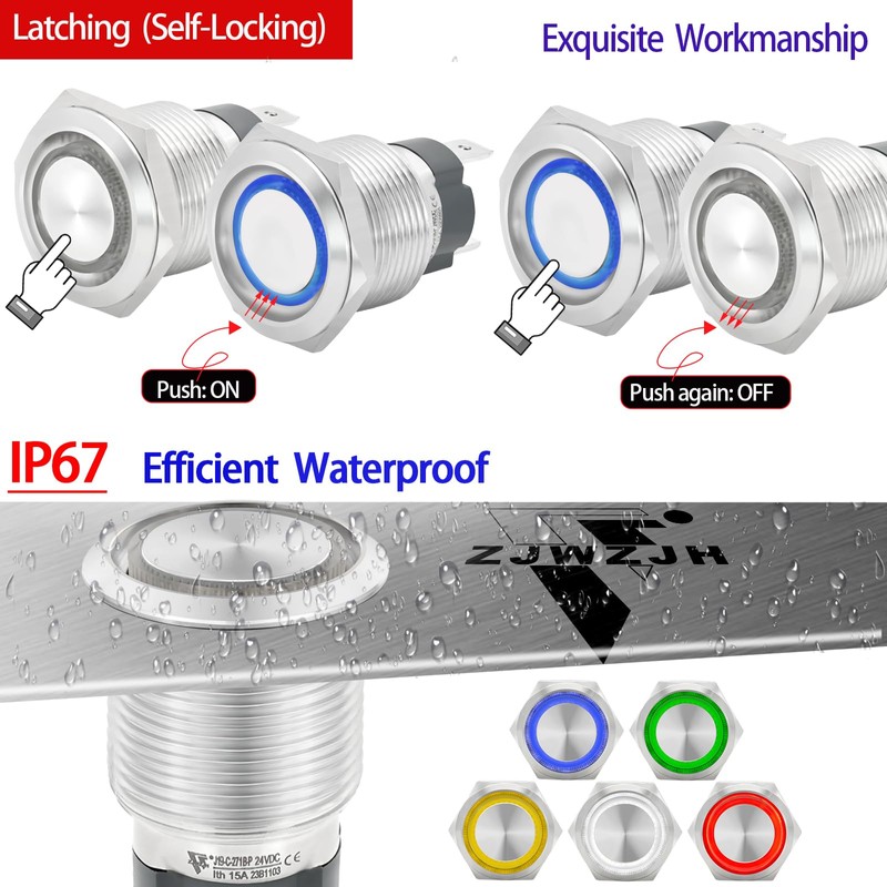 ZJWZJH 15Amp Latching Push Button Switch 19mm 3/4" Hole 12V/24V