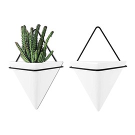 2 x Hanging Flower Pot, Flower Pot, Wall Decoration, Wall Vase Ceramic White, Wall Planter with Three Corners, Hanging Planters Made of Ceramic, Triangular Wall Planter, Geometric Wall Planters
