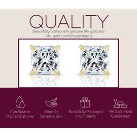 Solid 14k Yellow Gold Solitaire Square Princess-cut CZ Stud Earrings with Secure Screw-backs (5mm)