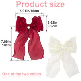 STSTR 2Pcs Large Hair Bow Clips, White Red Silk Yarn Ribbon Bow Hair Barrette for Women, Elegant Long Tail Bowknot French Hair Accessories for Wedding, Parties, Festivals
