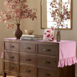 Pink Table Runner 72 Inches Long - Country Ruffled Table Scarf with Cotton Texture, Rustic Farmhouse Style for Dresser Runner Tops, Dining Tables & Bridal Shower Décor