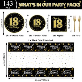 143 Pcs 18th Birthday Party Supplies Set for 24 Guests 18th Birthday Plates Backdrop Party Decorations Kit for Teens 18th Plates Tablecloth Balloons Banner Tableware Decorations for Boys Girls