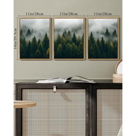KUVIOKE Green Fog Pine Tree Landscape Framed Wall Art Nature Nordic Misty Forests Prints Morden Farmhouse Bedroom Living Room Ready to Hang 11x14in (Natural Framed)