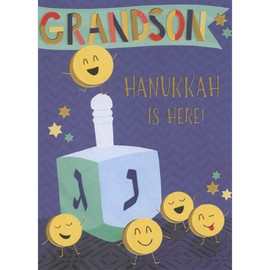 Designer Greetings Five Happy Coins with Silly Faces Near Large Dreidel Hanukkah Card for Young Grandson