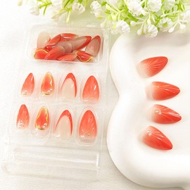 Orange Color Press on Nails Short Fake Nails Almond Cute Summer Glue on Nails with Gold Lines Star Pearl Design Shell False Nails Almond Short Nails Press ons French Tip for Girls and Women 24Pcs