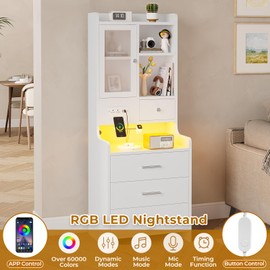 BTHFST Tall Nightstand with Charging Station, LED Night Stand with Bookshelf, White Bedside Table with Drawers & Glass Door, End Table Side Table with Storage