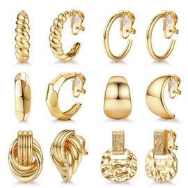 Thunaraz 6 Pairs Clip on Earrings 14K Gold Plated Clip Earrings for Women Chunky Hoop Clip Twist Round Geometry Clip Drop Earrings Non Piercing Dangle Earrings Fashion Jewelry Gold