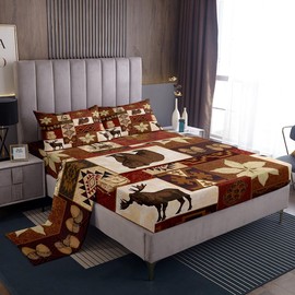 Buffalo Plaid Bed Sheets Set Cabin Decor, Bear Elk Deer Wild Animal Sheet Set, Fall Leaves Pine Cones Bedding Set, Wildlife Hunting Theme Flat Fitted Sheet, Patchwork Boho Floral Sheets, King 4Pcs