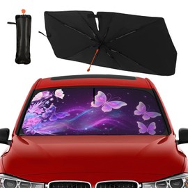 DOPINDU Butterfly Flowers Car Windshield Sun Shade Umbrella Bendable Handle Foldable Funny Sunshade for Car Windshield Block UV Rays Keep Vehicle Cool for Most Sedans SUV Trucks Cars 57"x30"