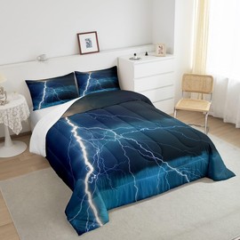 White Lightning Comforter Set Queen Kids Boys Teens Lightning Storm Room Decor Natural Weather Bedding Set,Soft Lightweight Blue Sky Duvet,Youth Young Man Quilt,1 Comforter + 2 Pillowcase
