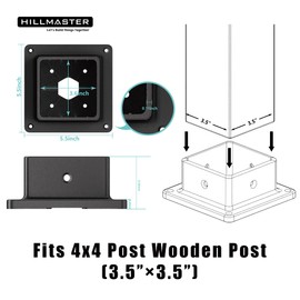 Hillmaster 4x4 Post Base Support Kit, 4 Pack Plastic Brackets for Outdoor Wooden Fence, Mailbox, Pergola - Durable Black Powder-Coated