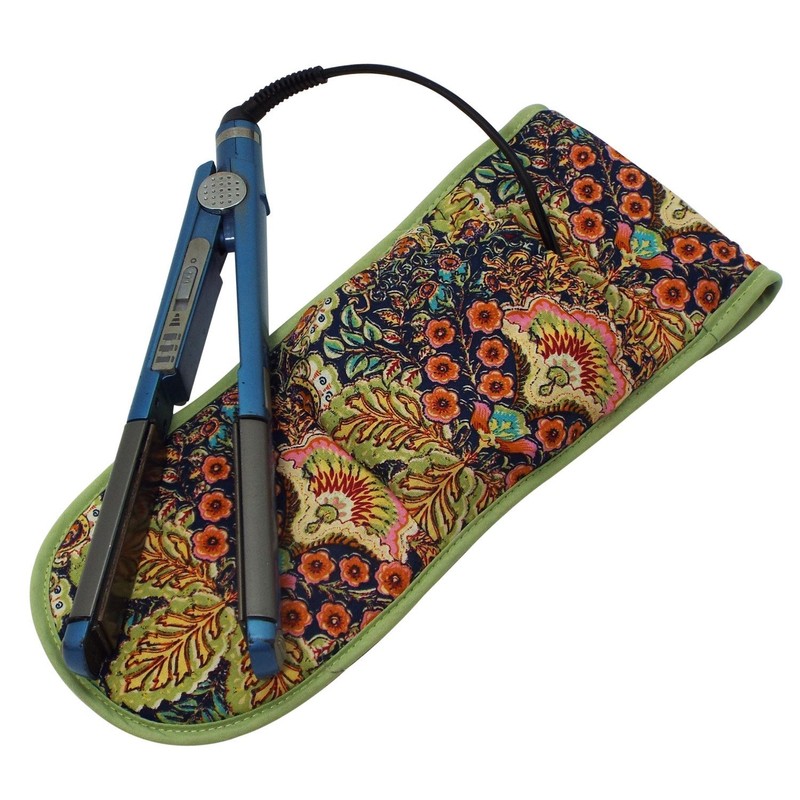 Heat-resistant Flat Iron Cover- Navy with Floral Pattern and Green