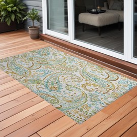 HomeRoots 3' X 5' Ivory and Gold Paisley Washable Non Skid Indoor Outdoor Area Rug