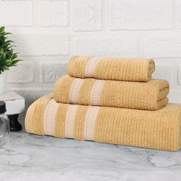 Superior Cotton 3-Piece Towel Set, Zero Twist, Ribbed Geometric, Bathroom