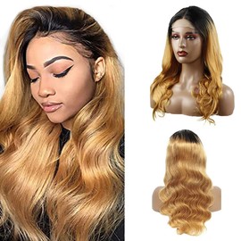 Weeybay Body Wave 4x4 Lace Front Wigs 1B/27 Black Root Honey Blond 100% Unprocessed HD Transparent Human Hair Wigs Ombre Blonde Color for Women 26 Inch