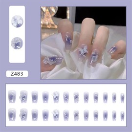 SensaBliss Nail Tips, Short, Purple, 24 Pieces, Butterfly, Pearl, Flower, 3D, Glitter, Popular, Cute, False Nails, Wedding Nails, For Coming-of-Age Ceremony/Entrance Ceremony/Graduation Ceremony