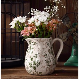 Ceramic Pitcher Vase, Farmhouse Ceramic Vase with Handle, Rustic Pitcher Vase for Home Decor, Decorative Vintage Vase, Ceramic Jug Flower Vase, Centerpiece for Your Kitchen/Bedroom/Office/Living Room