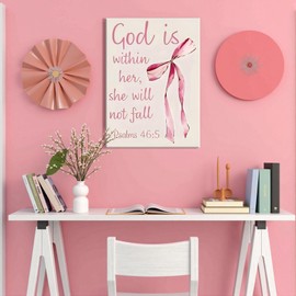 Framed Exquisite Poster, Pink Bow & Inspirational Bible Verse God Is Within Her, She Will Not Fall Suitable for Bedroom Bathroom Wall Decor, Room Decor Aesthetics, P37