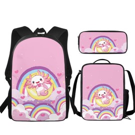 PJHEQOXE Kids School Bag Set for Girls Boys,Book Bag with Lunch Bag and Pen Case, Sturdy Sport Travel Essentials Middle Hight School,Unisex Child Multiplier Backpacks Rainbow Axolotl
