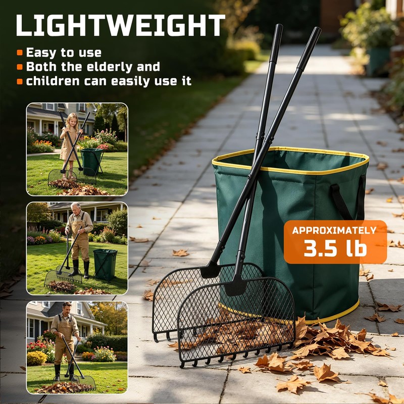 Leaf Grabber Rake, Lightweight Steel Leaf Picker Upper, Long Handle