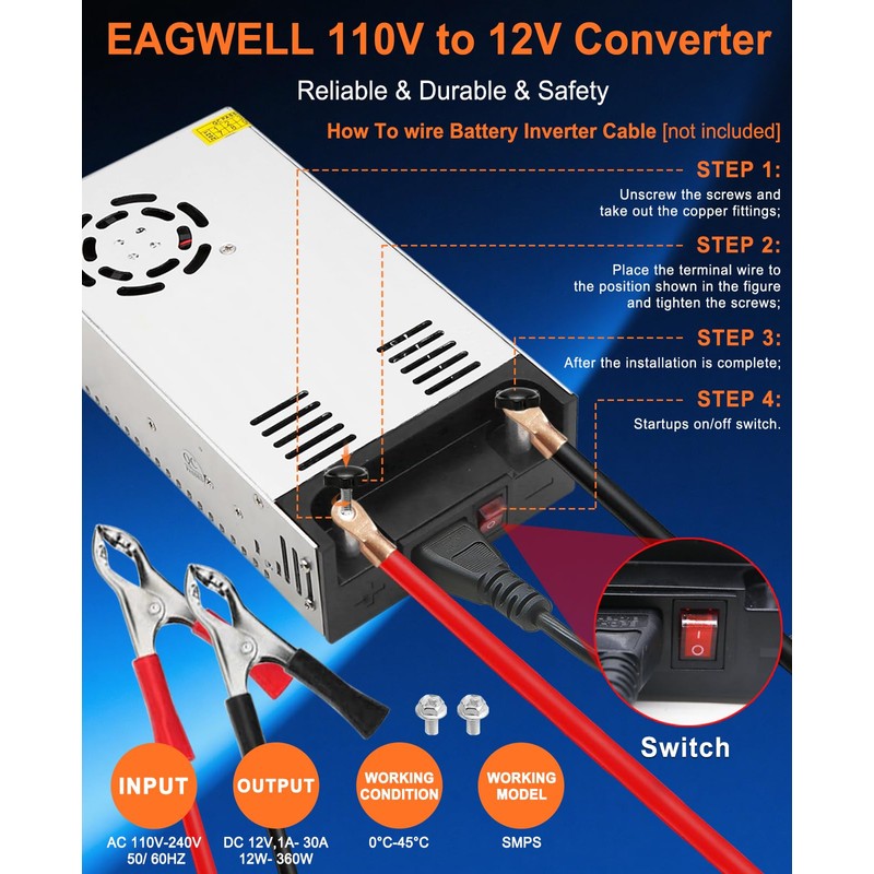 EAGWELL 110V to 12V Converter, Universal SMPS AC to DC
