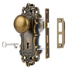 ToPToToo Mortise Lock Set for Interior Door, Antique Brass Door Knob with Lock and Skeleton Key, Antique Old Style Door Knob Lock Replacement, Vintage Mortise Door Knobs for Interior Doors