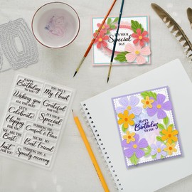 GLOBLELAND Greetings Clear Stamps and Flowers Plants Tags Cutting Dies Set for DIY Scrapbooking Cards Making Decorative Photo Album Notebook