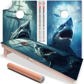 Cornhole Board Wraps and Decals for Boards Set of 2 Skins Professional Vinyl Covers Sticker Angry Scarry Sharks Close Up Vintage Ship Wreck Under Water Beach House Stickers Cornhole Wraps for Boards