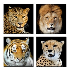 KREATIVE ARTS - Canvas Set of 4 Leopard Tiger Lion Cheetah Picture Print Wall Art Animal Canvas Artwork Stretched Giclee Canvas Printing Hanging Wall Decor Ready to Hang (16''x16''x4pcs/set)